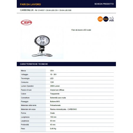 FARO A 6 LED OVALE 150X90 2000LM IP69K C/CAVO