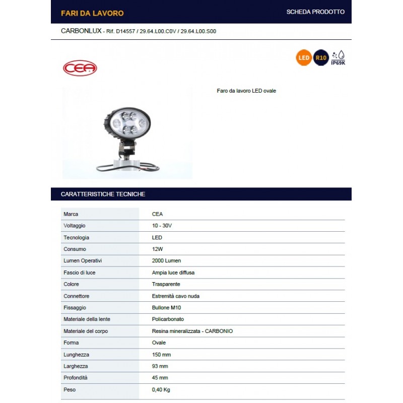 FARO A 6 LED OVALE 150X90 2000LM IP69K C/CAVO