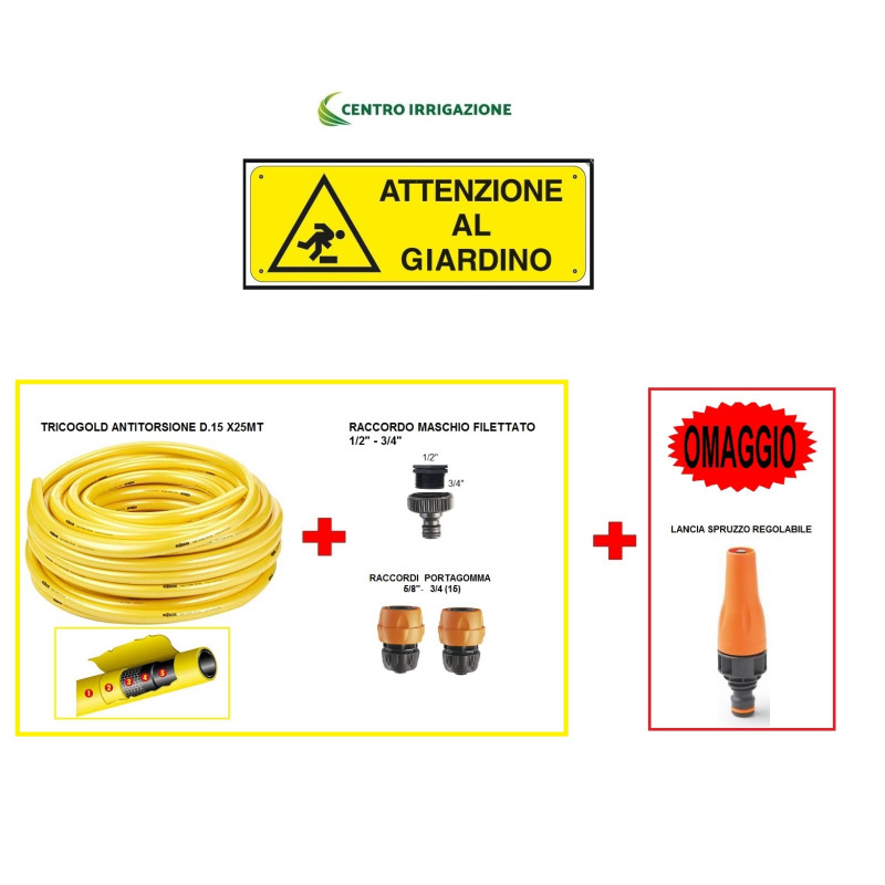 KIT GIARDINO 25MT TRICOGOLD D.15+RACCORDI+LANCIA