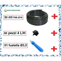 Kit Impianto A Goccia 50mt Tubo Pn6 16+50 Gocciolatoi 4lt/h+01 Fustella