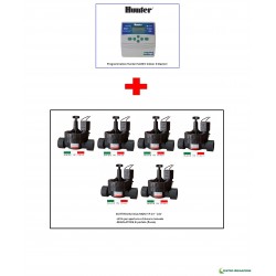 Kit Irrigazione Hunter 6stazioni + Elettrovalvola 1" Centralina Prato Giardino Popup Programmatore