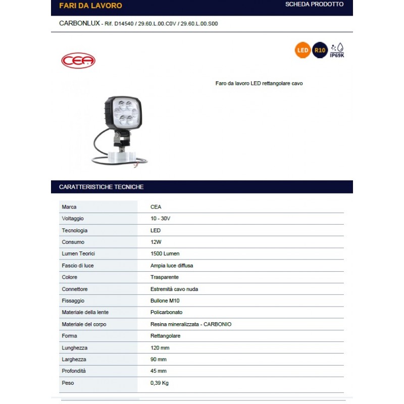 FARO LAVORO RETTANGOLARE 6LED IP69K 1 2W 120X90  C