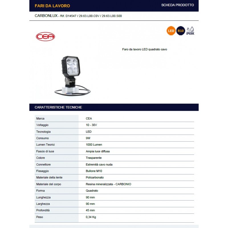 FARO A 4 LED QUADRATO 90X90 IP69K C/CAVO