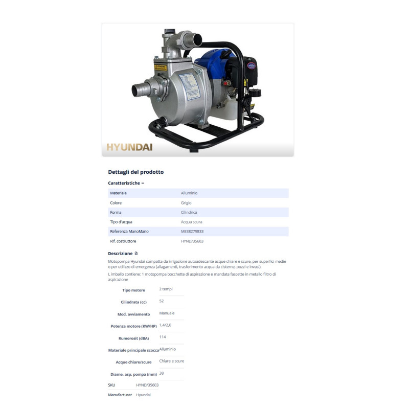 MOTOPOMPA MISCELA 2T HYUNDAI 2HP-20MC3/H-PREV.26M