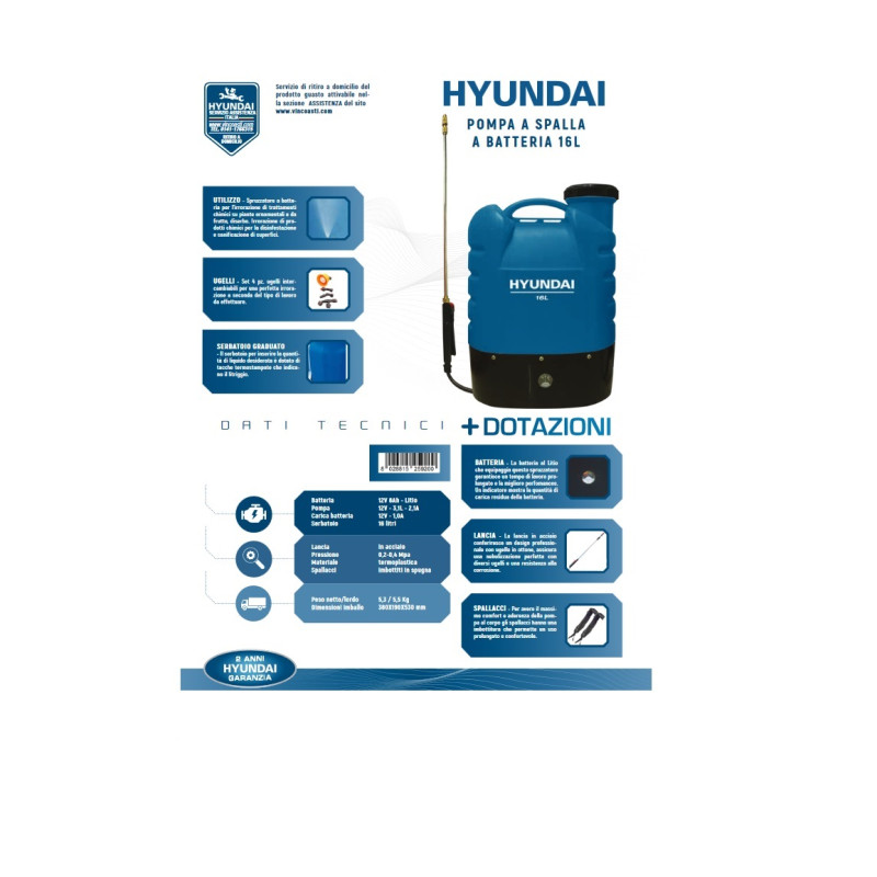 POMPA A SPALLA 16LT HYUNDAI BATTERIA 12V 8AH+1BATT